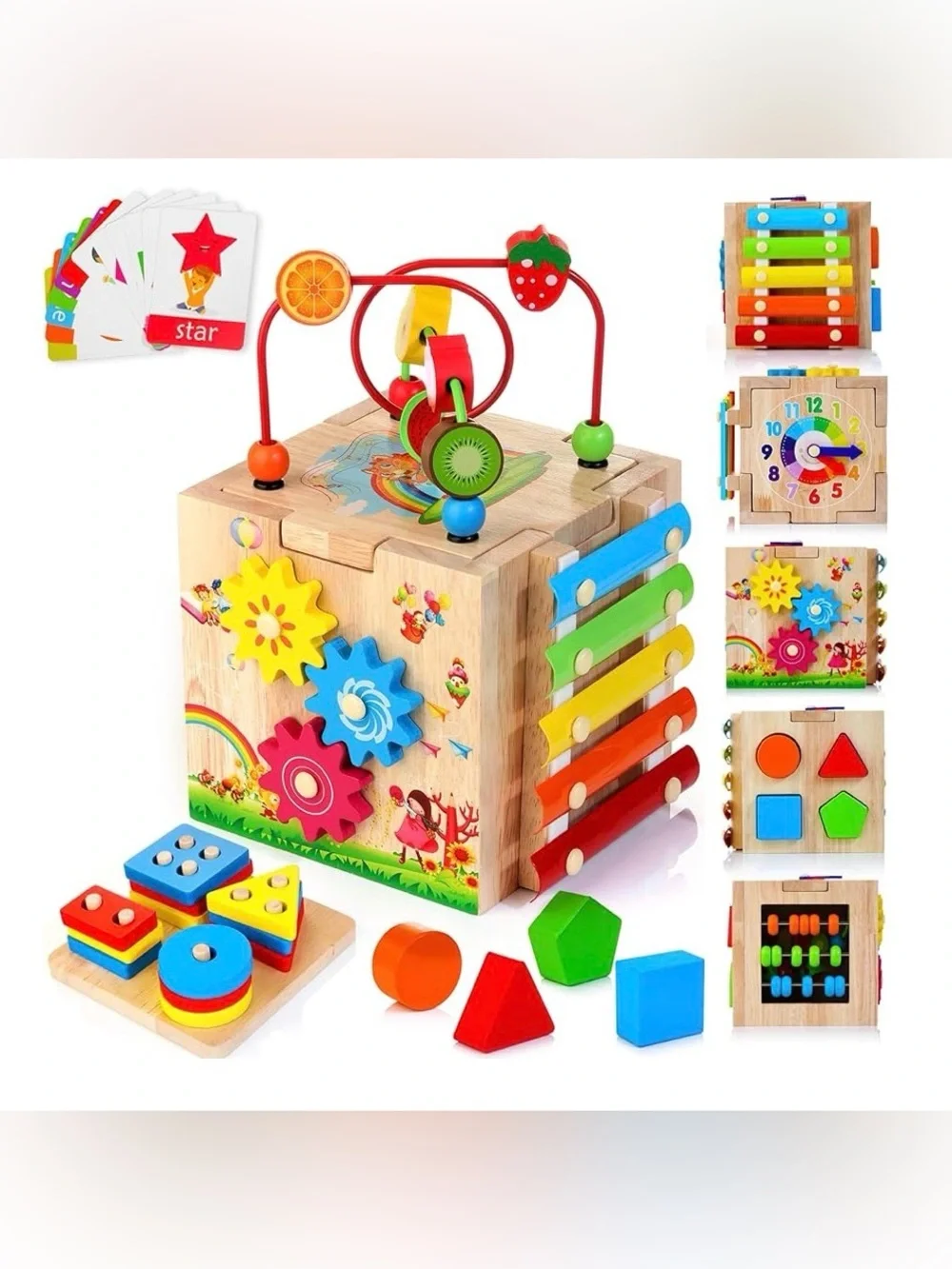 HELLOWOOD Wooden Activity Cube, 8-in-1 Montessori Baby toy